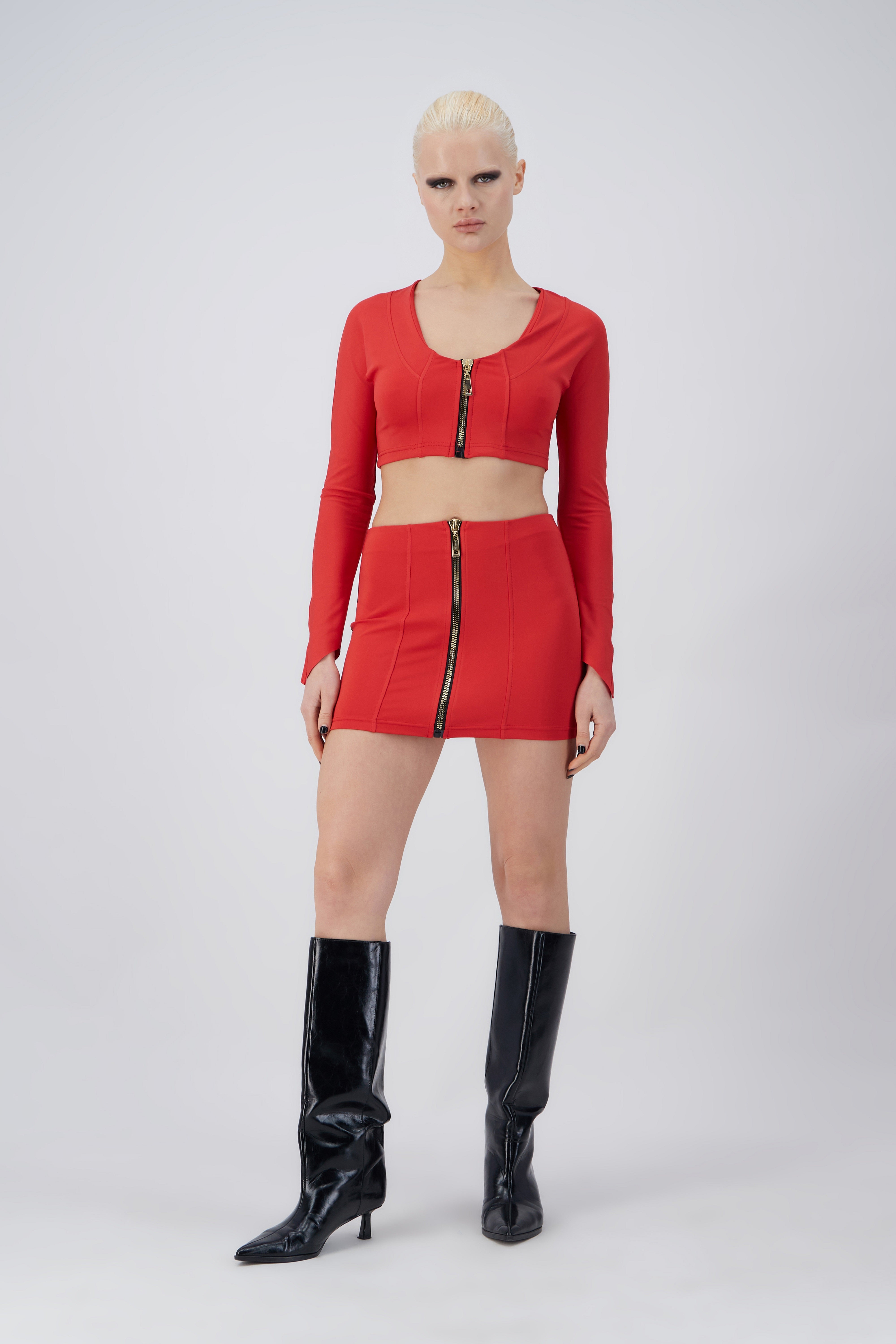 Motion Of Allure Red Mini Skirt With Zipper Detail