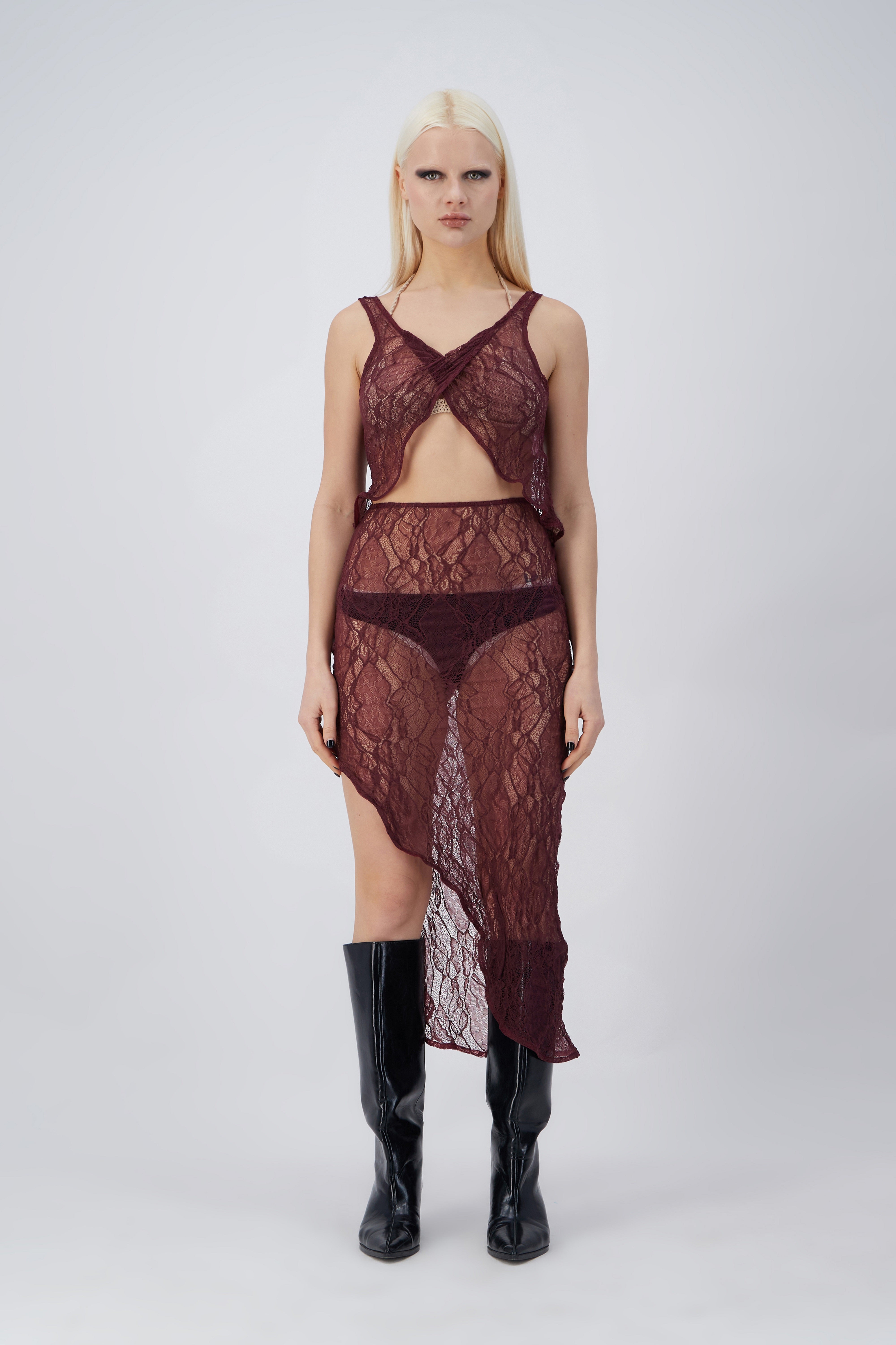 Feeling Clouds Burgundy Crossover Transparent Top & Beachwear