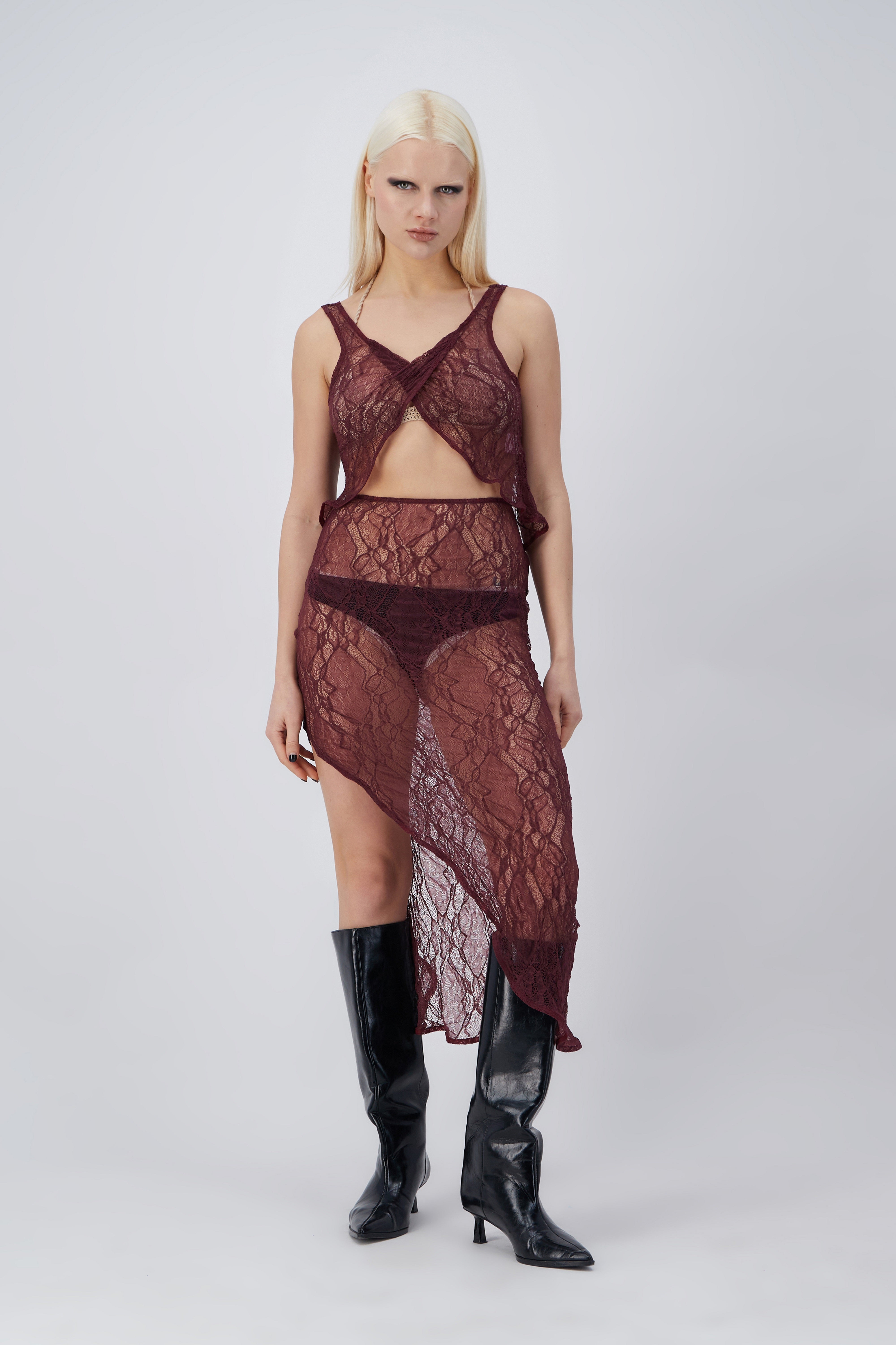 Feeling Clouds Burgundy High-Waisted Long Transparent Skirt & Beachwear